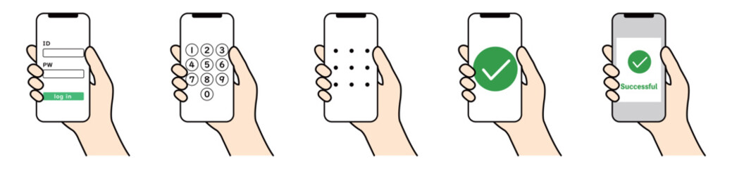 スマホの指紋認証やセキュリティ設定を行う手元のイラストセット © color