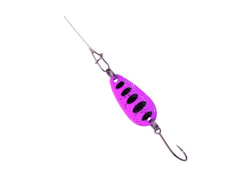 Purple metal fishing lure with black spots and sharp fish hook.