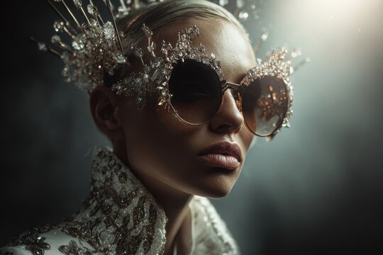 A glamorous woman adorned with sparkling oversized sunglasses and an ornate crystalline headdress exudes an air of enigmatic elegance, bathed in soft, dramatic lighting.