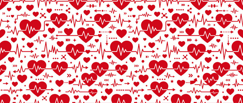 Seamless pattern of red heartbeats and heart symbols