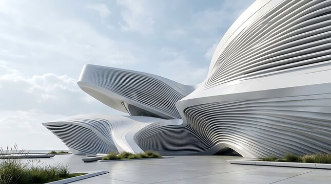 Futuristic parametric architecture with flowing curves. Modern building design showcasing innovative structural forms.