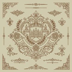 Ornate vintage crest with castle and heraldic elements. © e8studio