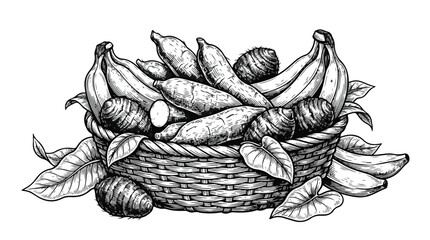 Vintage hand drawn basket of tropical root vegetables and bananas, engraved style sweet potato and taro illustration, rustic harvest vector art © Noman