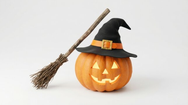 Spooky Halloween Pumpkin With Witch Hat And Broom