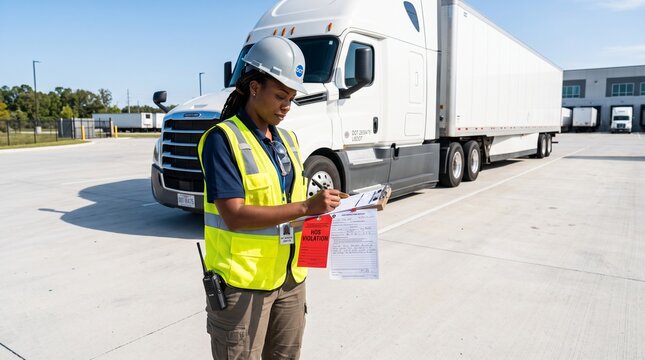 Female inspector issuing HOS violation next to semi truck