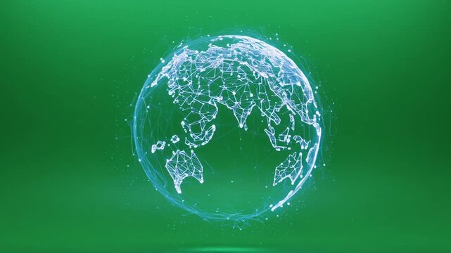 Digital Earth rotating with glowing plexus network on green studio background seamless motion