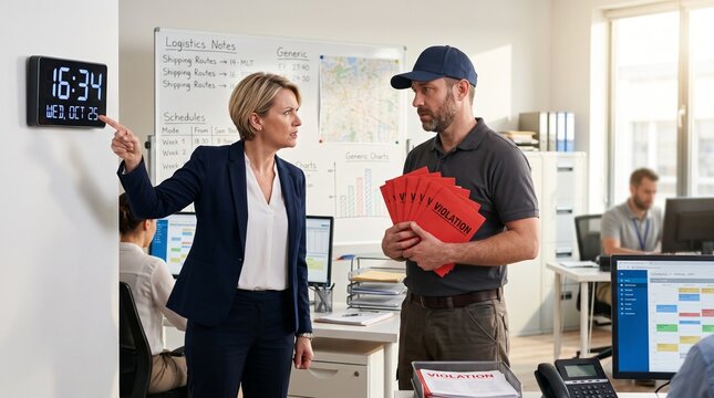 Manager pointing at clock next to driver holding violation notices