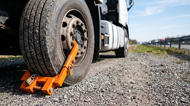 Orange wheel clamp locking semi truck tire on roadside