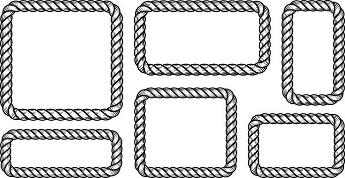 Nautical Rope Frame Collection with Vintage Twisted Marine Cord Borders and Rectangular Graphic Element Templates for Maritime Theme Designing