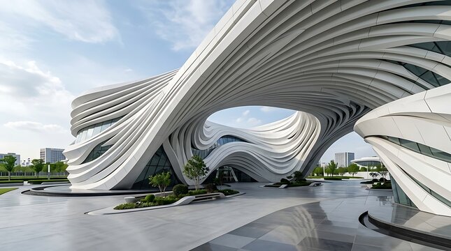 Futuristic architectural design with flowing curves. Modern building structure showcasing innovative architecture and dynamic forms.
