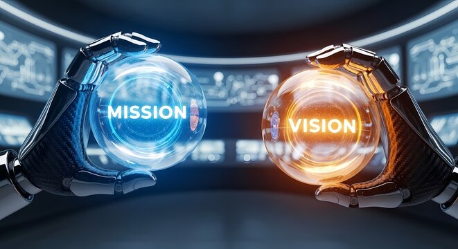 Robotic hands holding glowing mission and vision spheres in high tech facility