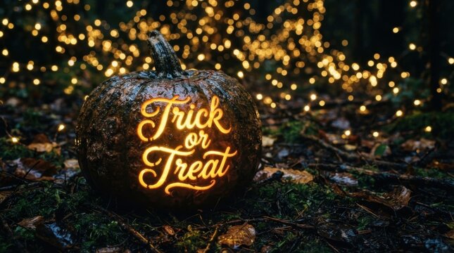 Trick Or Treat Carved Pumpkin With Bokeh Lights