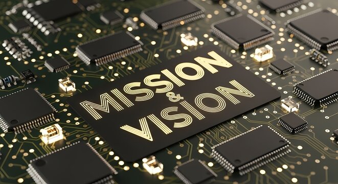Mission and vision text engraved on a computer circuit board background