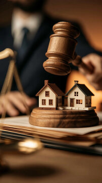 Judicial Decree: A gavel descends upon two miniature houses, symbolizing a significant legal decision in property law, with a judge or lawyer presiding in the background.