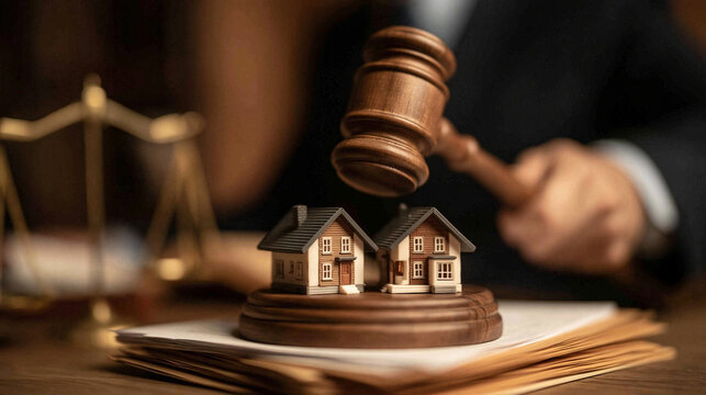 Property Law Judgment: A gavel strikes down on miniature houses, symbolizing legal decisions and disputes in real estate law, with a balanced scale of justice in the background.