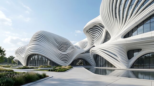 Futuristic parametric architecture with flowing design. Modern building complex showcasing innovative structural forms.