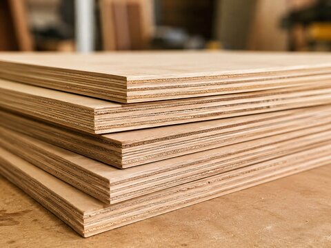Stack of plywood sheets. Industrial wooden planks for construction and furniture manufacturing. Raw material for carpentry work and home DIY renovation projects. Natural timber texture.