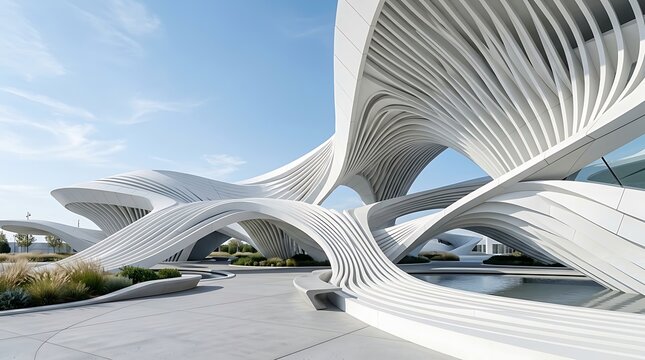 Futuristic parametric architecture design. Modern flowing building structure with innovative curves and sleek white surfaces, showcasing advanced a...