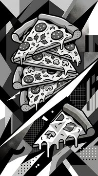 Artistic pizza slices on geometric background in grayscale