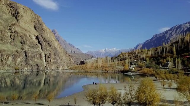 aerial landscape footage of Gilgit Baltistan in autumn season