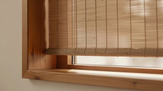 Close up of natural bamboo blinds on wooden window frame with soft sunlight filtering through
