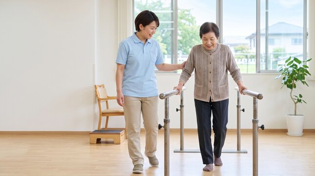 介護施設の機能訓練室で歩行訓練の介助を行う日本人女性の介護福祉士