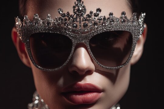 A regal woman adorned with a jeweled crown and elaborate sunglasses exudes an aura of luxury and mystery, her bold fashion statement capturing the essence of high glamour.