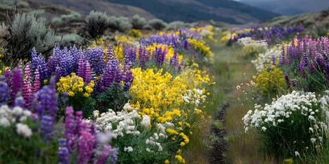 Obraz premium Colorful wildflowers bloom along a dirt path through a natural meadow landscape.