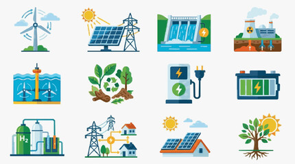 Fototapeta premium Dynamic Infographic Showcasing Diverse Renewable Energy Sources and Sustainable Technologies in Bright Colorful Illustrations