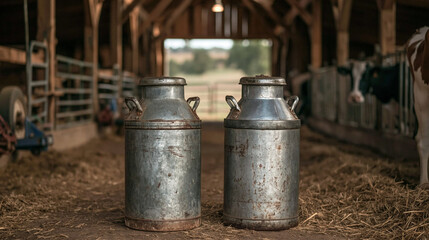 Obraz premium Rustic Dairy Canisters in Barn: Two vintage metal milk cans stand side-by-side on a bed of straw inside a rustic barn, with cows visible in the background.