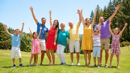 Obraz premium Happy Multigenerational Family Celebrating Together in a Sunny Meadow