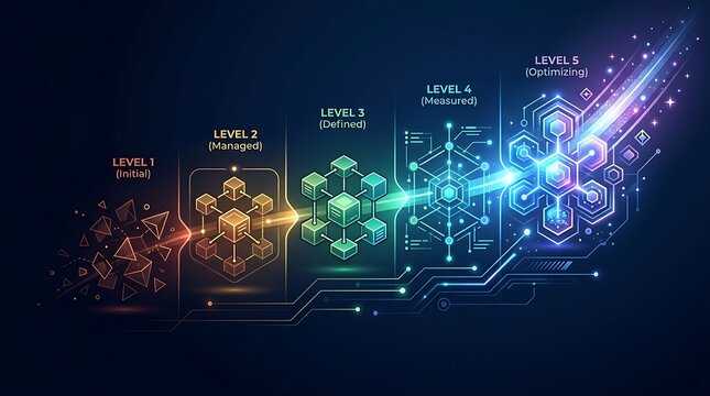 Maturity model showing five levels of business process evolution