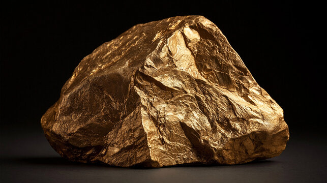 Raw Gold Nugget on Dark Background: A substantial, unrefined gold nugget rests upon a dark, textured surface, showcasing its natural crystalline structure and metallic luster.