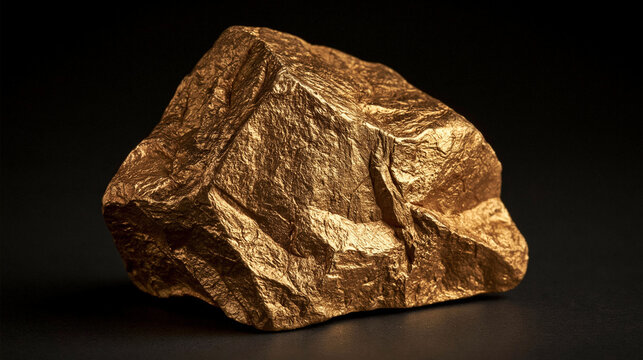 Raw Gold Nugget: A large, textured gold nugget rests against a dark background, highlighting its natural crystalline structure and metallic sheen. Symbolizing wealth, opportunity.
