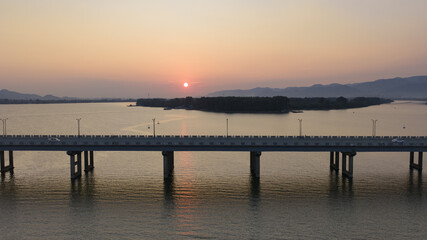 Fototapeta premium Fuchun River Sunrise Bridge at Fuyang, Hangzhou China