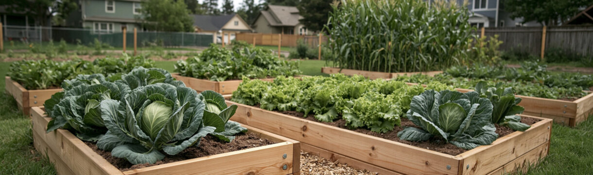Community Garden Bounty: Raised garden beds overflowing with fresh vegetables like cabbage and lettuce, nestled in a suburban neighborhood, showcasing sustainable urban living and abundant harvest.