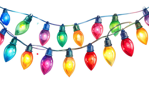 Christmas colourful string lights isolated on transparent background, PNG