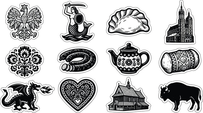Poland Travel and Culture Sticker Set with Polish Eagle Warsaw Mermaid Pierogi Kielbasa Bison and Traditional Architecture Retro Woodcut Graphics