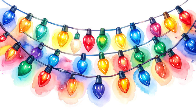 Christmas colourful string lights isolated on transparent background.
