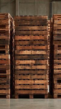 Stack of Wooden Pallets in Warehouse: A neat stack of weathered wooden pallets stands in a dimly lit warehouse, ready for transport and storage.