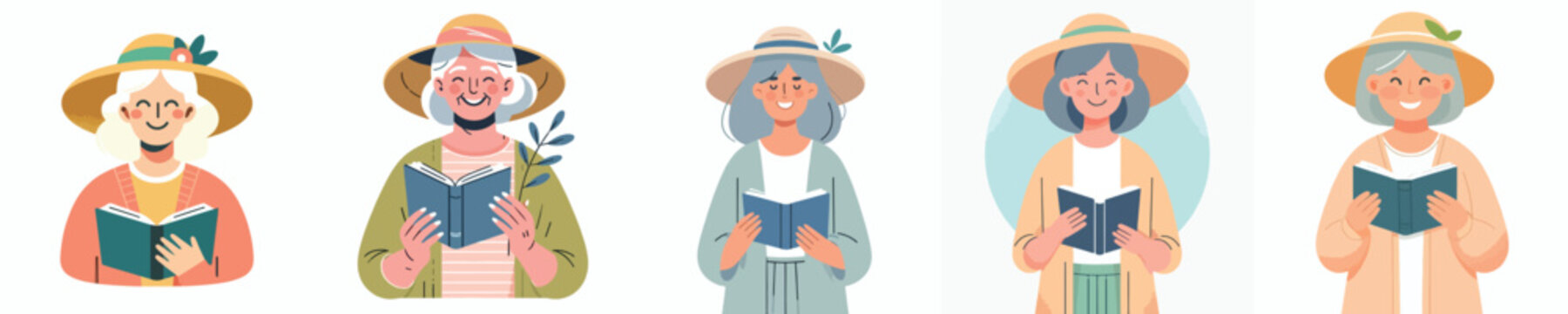 flat vector half body of a grandma reading a book in summer