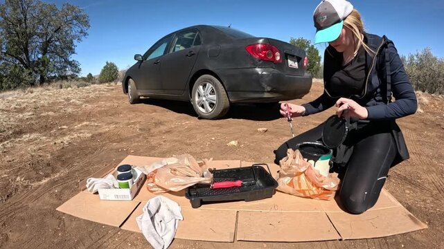 woman preparing food in open field with practical focus and side view of cardboard box and plastics.