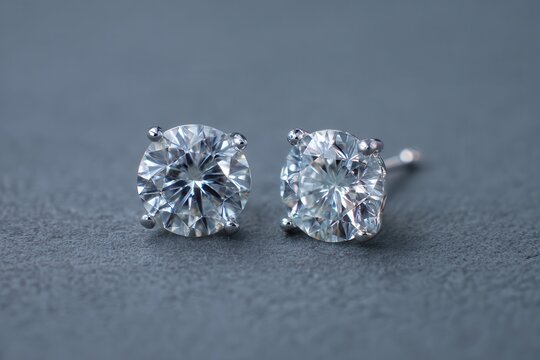 Sparkling diamond stud earrings with brilliant cuts and platinum settings rest elegantly on a textured grey surface, showcasing timeless luxury and exquisite craftsmanship.