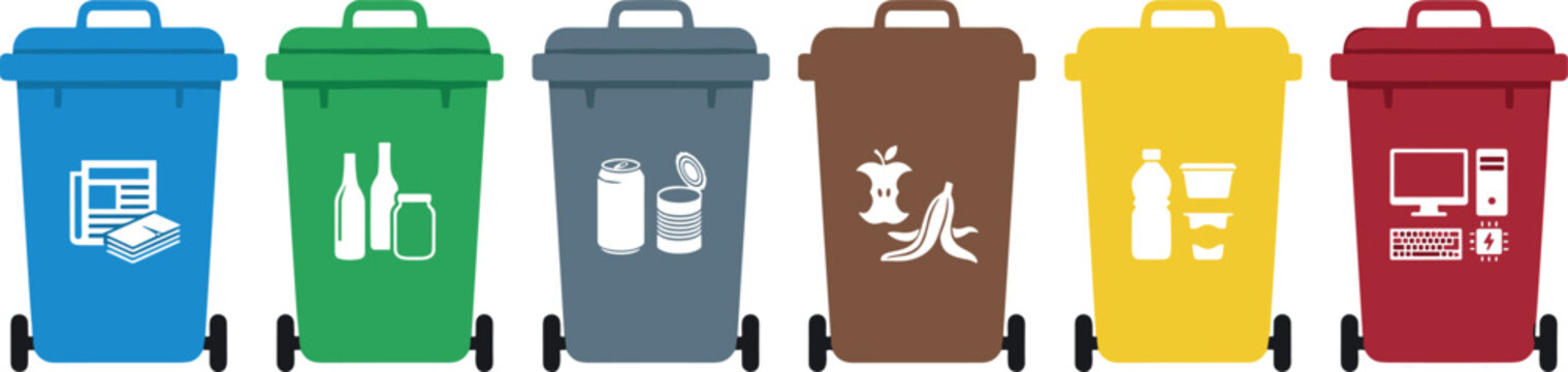 Recycling Bin Vector Illustration Set with Paper, Glass, Metal, Organic, Plastic, and Electronic Waste Sorting Icons Flat Design