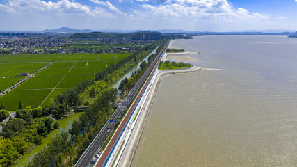 Obraz premium Dajiangdong Greenway and Qiantang River, Hangzhou Aerial View