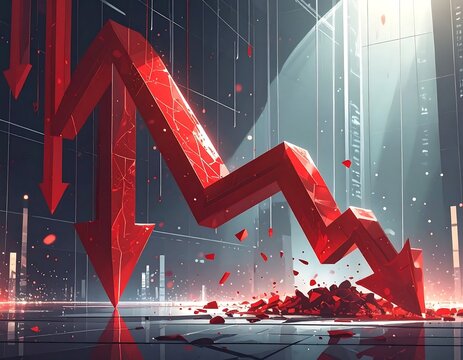 Red arrow graph falling down with debris