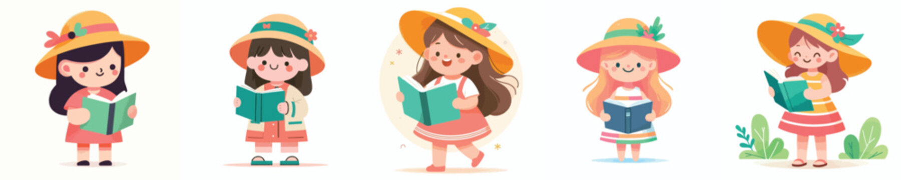 flat vector of a little girl standing reading a book in summer