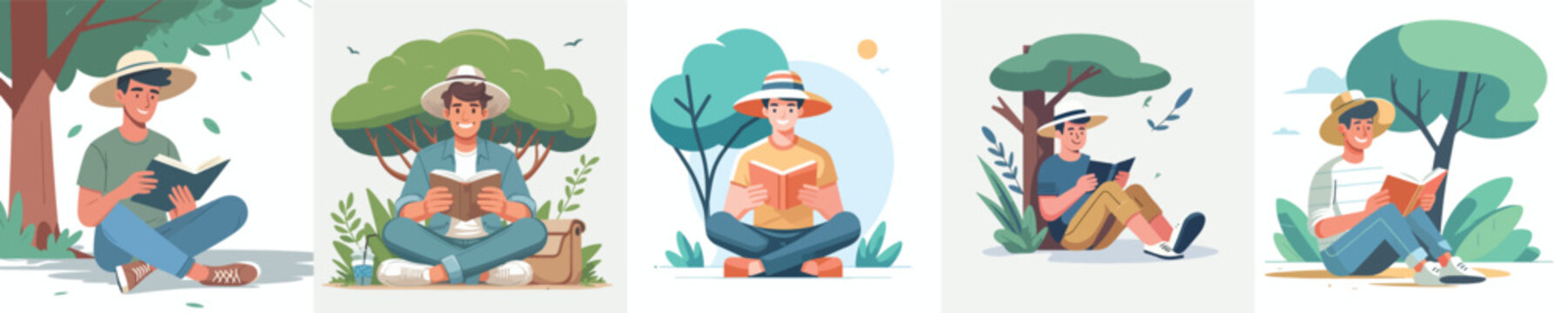 Flat vector illustration of a man sitting under a tree reading a book in summer