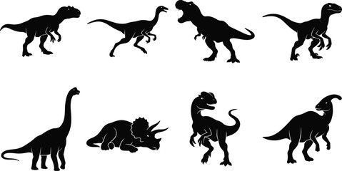 Collection of detailed black prehistoric dinosaur silhouettes including tyrannosaurus and triceratops for educational graphic design projects © Mst