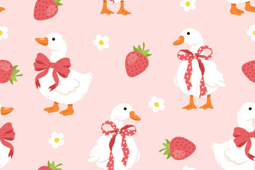 Cute white geese with red bows strawberries and daisy flowers seamless pattern on pink background for fabric wrapping paper nursery wallpaper textile and spring summer designs © Midmueang